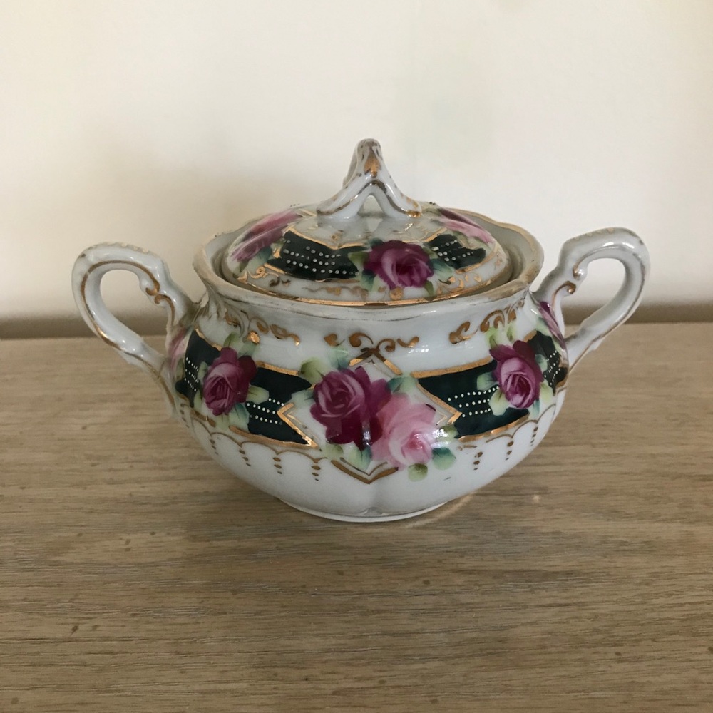 VINTAGE HAND PAINTED ROSES/BEADED SUGAR BOWL